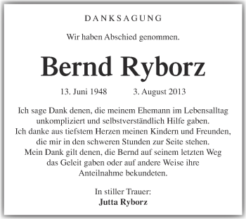 Traueranzeige von Bernd Ryborz von Super Sonntag Merseburg