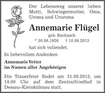 Traueranzeige von Annemarie Flügel von WVG - Wochenspiegel Dessau / Köthen