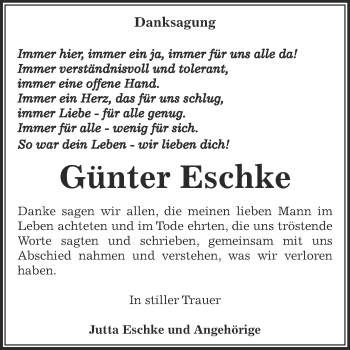 Traueranzeige von Günter Eschke von WVG - Wochenspiegel Dessau / Köthen