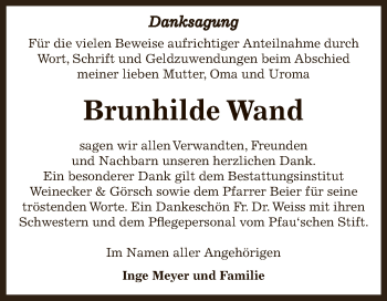 Traueranzeige von Brunhilde Wand von Super Sonntag Bernburg