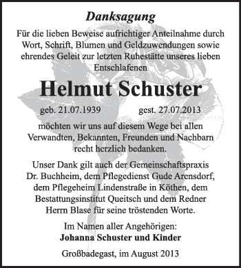 Traueranzeige von Helmut Schuster von Super Sonntag Dessau / Köthen