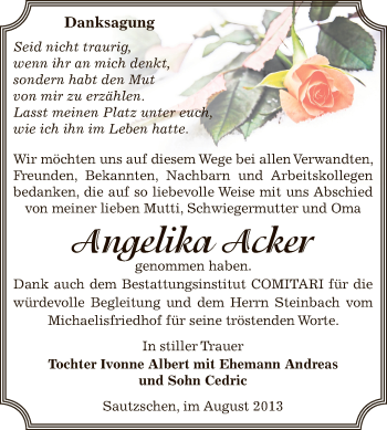 Traueranzeige von Angelika Acker von Super Sonntag Zeitz