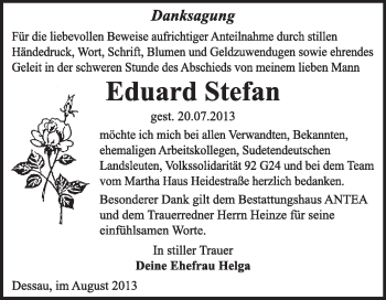 Traueranzeige von Eduard Stefan von Super Sonntag Dessau / Köthen
