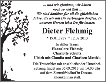 Traueranzeige von Dieter Flehmig von Super Sonntag Dessau / Köthen