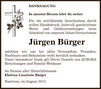 Traueranzeige von Jürgen Bürger von Super Sonntag Bernburg