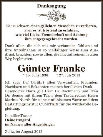 Traueranzeige von Günter Franke von Super Sonntag Zeitz