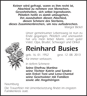 Traueranzeige von Reinhard Busies von WVG - Wochenspiegel NMB / WSF / ZTZ