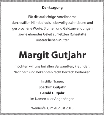 Traueranzeige von Margit Gutjahr von WVG - Wochenspiegel NMB / WSF / ZTZ