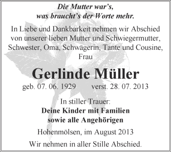 Traueranzeige von Gerlinde Müller von WVG - Wochenspiegel NMB / WSF / ZTZ