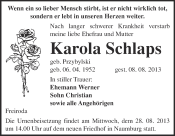 Traueranzeige von Karola Schlaps von WVG - Wochenspiegel NMB / WSF / ZTZ
