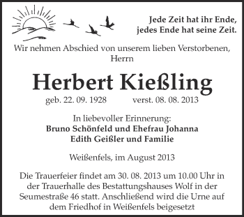 Traueranzeige von Herbert Kießling von WVG - Wochenspiegel NMB / WSF / ZTZ