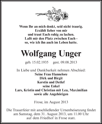 Traueranzeige von Wolfgang Unger von Super Sonntag Aschersleben