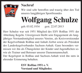 Traueranzeige von Wolfgang Schulze von WVG - Wochenspiegel Dessau / Köthen