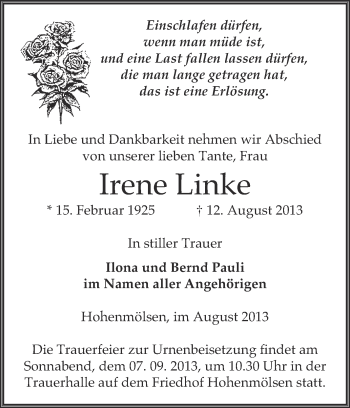 Traueranzeige von Irene Linke von WVG - Wochenspiegel NMB / WSF / ZTZ