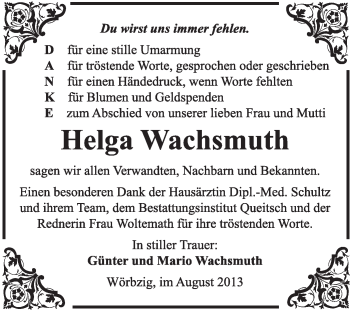 Traueranzeige von Helga Wachsmuth von Super Sonntag Dessau / Köthen