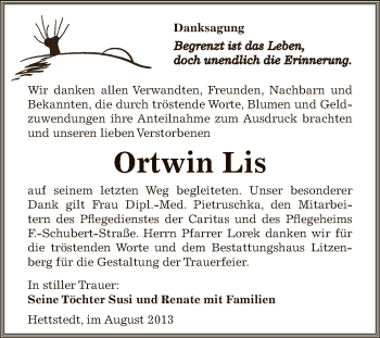 Traueranzeige von Ortwin Lis von Wochenspiegel Mansfelder Land