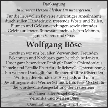 Traueranzeige von Wolfgang Böse von WVG - Wochenspiegel Quedlinburg
