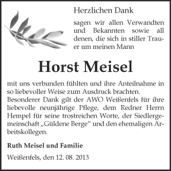 Traueranzeige von Horst Meisel von WVG - Wochenspiegel NMB / WSF / ZTZ