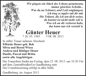 Traueranzeige von Günter Heuer von WVG - Wochenspiegel Quedlinburg
