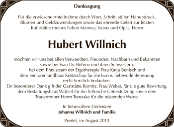Traueranzeige von Hubert Willnich von Super Sonntag Zeitz