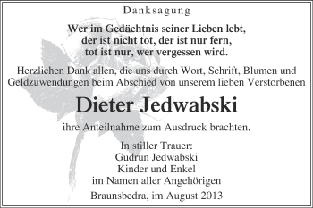 Traueranzeige von Dieter Jedwabski von WVG - Wochenspiegel Merseburg