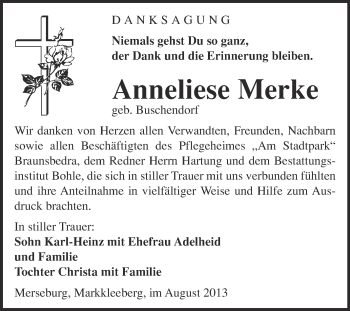 Traueranzeige von Anneliese Merke von Super Sonntag Merseburg