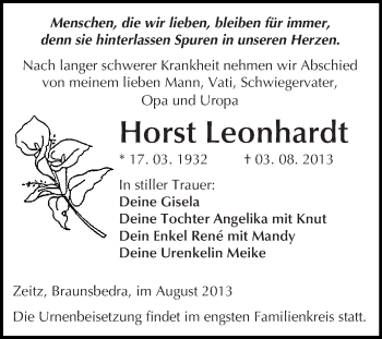 Traueranzeige von Horst Leonhardt von WVG - Wochenspiegel Merseburg