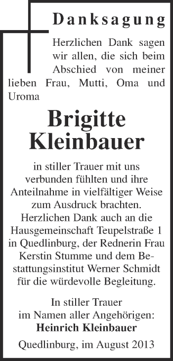 Traueranzeige von Brigitte Kleinbauer von WVG - Wochenspiegel Quedlinburg
