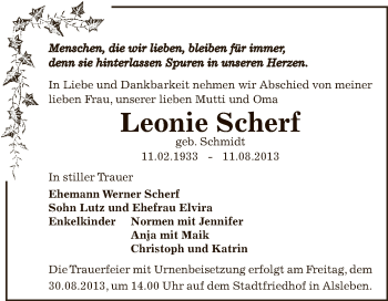 Traueranzeige von Leonie Scherf von Super Sonntag Bernburg