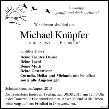Traueranzeige von Michael Knüpfer von WVG - Wochenspiegel NMB / WSF / ZTZ