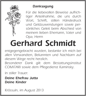 Traueranzeige von Gerhard Schmidt von WVG - Wochenspiegel NMB / WSF / ZTZ