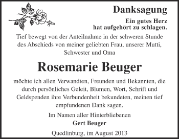 Traueranzeige von Rosemarie Beuger von WVG - Wochenspiegel Quedlinburg