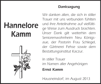 Traueranzeige von Hannelore Kamm von WVG - Wochenspiegel Quedlinburg