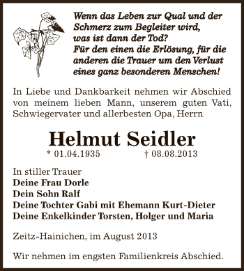 Traueranzeige von Helmut Seidler von Super Sonntag Zeitz