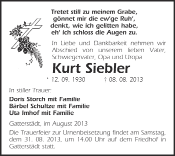 Traueranzeige von Kurt Siebler von WVG - Wochenspiegel Merseburg