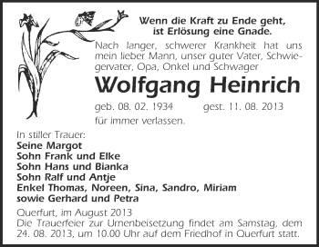 Traueranzeige von Wolfgang Heinrich von WVG - Wochenspiegel Merseburg