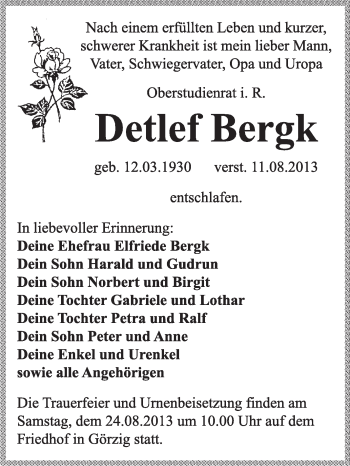 Traueranzeige von Detlef Bergk von Super Sonntag Dessau / Köthen