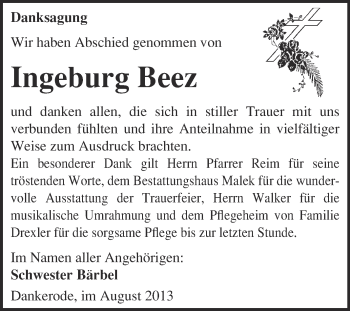 Traueranzeige von Ingeburg Beez von WVG - Wochenspiegel Quedlinburg
