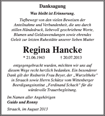 Traueranzeige von Regina Hancke von WVG - Wochenspiegel Wittenberg
