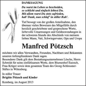 Traueranzeige von Manfred Pötzsch von Super Sonntag Wittenberg