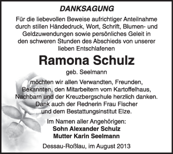 Traueranzeige von Ramona Schulz von Super Sonntag Dessau / Köthen