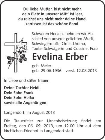 Traueranzeige von Evelina Erber von WVG - Wochenspiegel NMB / WSF / ZTZ