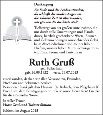 Traueranzeige von Ruth Gruß von Super Sonntag Dessau / Köthen