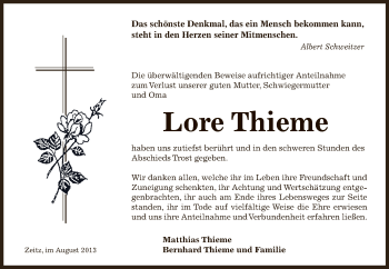 Traueranzeige von Lore Thieme von Super Sonntag Zeitz