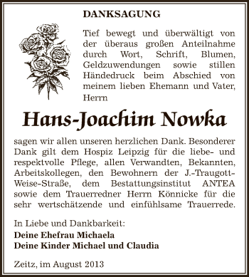Traueranzeige von Hans-Joachim Nowka von Super Sonntag Zeitz