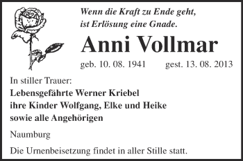 Traueranzeige von Anni Vollmar von WVG - Wochenspiegel NMB / WSF / ZTZ