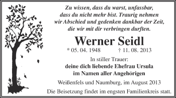 Traueranzeige von Werner Seidl von WVG - Wochenspiegel NMB / WSF / ZTZ