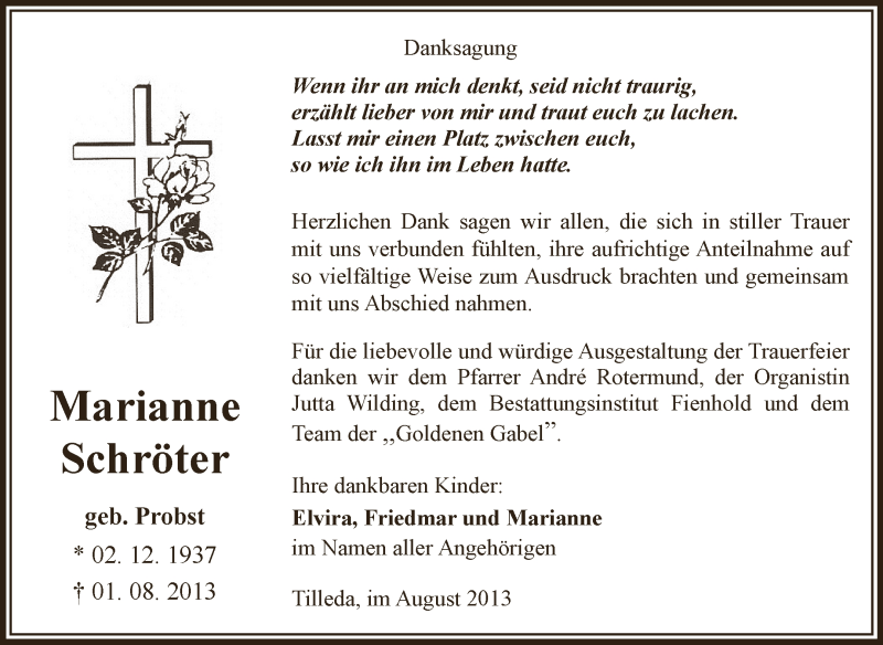 Traueranzeige für Marianne Schröter vom 18.08.2013 aus Super Sonntag SGH Mansf. Land