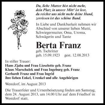 Traueranzeige von Berta Franz von Super Sonntag Aschersleben