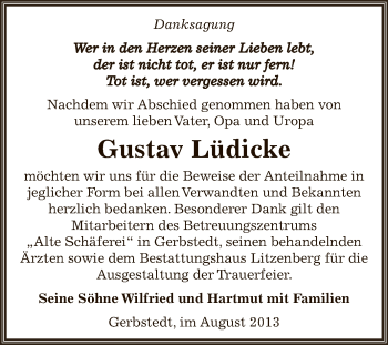 Traueranzeige von Gustav Lüdicke von Wochenspiegel Mansfelder Land